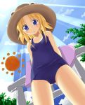  arms_behind_back blonde_hair blue_eyes blush francis_(ohne) from_below hat looking_down moriya_suwako one-piece_swimsuit open_mouth school_swimsuit short_hair sky solo sun sun_(symbol) swimsuit torii touhou wakeboard 