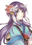  backpack bag bangs black_hair blue_eyes blunt_bangs blush box flower hair_flower hair_ornament head_wings japanese_clothes kimono long_hair purple_hair rune_factory rune_factory_2 rune_factory_3 simple_background solo white white_background yue_(rune_factory) 