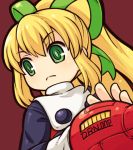  1girl arm_cannon blonde_hair green_eyes hair_ribbon long_hair mizuno_mumomo ponytail ribbon rockman rockman_(classic) roll solo weapon 