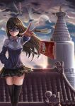  black_legwear book brown_eyes brown_hair cloud clouds compasses dantewontdie east_asian_architecture english hand_in_pocket highres knife long_hair mask motion_blur original outstretched_arm outstretched_hand panties pen pencil pleated_skirt rooftop ruler skirt sky smile solo thigh-highs thighhighs throwing track_jacket twilight underwear zettai_ryouiki 