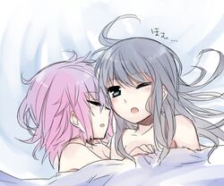  akemi_homura alternate_hairstyle bare_shoulders black_hair blanket blue_eyes blush hair_down homu kaname_madoka long_hair mahou_shoujo_madoka_magica miz_01 mizuki_(koko_lost) multiple_girls naked_sheet nude pink_hair short_hair sketch sleeping under_covers wink yuri 