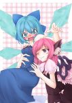  angry animal_ears annoyed blue_dress blue_eyes blue_hair blush cirno dress earrings fang hug jewelry megira_meltingpot multiple_girls mystia_lorelei no_hat no_headwear pink_hair purple_eyes short_hair short_sleeves touching touhou wings wink 