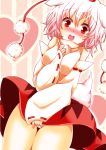  bad_id bare_legs blue_eyes covering detached_sleeves hand_on_own_chest hand_to_chest hat heart inubashiri_momiji open_mouth panties pantyshot red_eyes short_hair tail tokin_hat torotoro touhou underwear white_hair white_panties wind_lift wolf_ears wolf_tail 