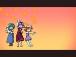 3girls :3 =_= blonde_hair blue_hair blush_stickers character_request detached_sleeves dress green_hair hand_on_hip hat hips kneehighs kochiya_sanae kodomo_no_jikan leaf long_skirt maple_leaf moriya_suwako multiple_girls o_o open_mouth parody sandals skirt smile tdk the_monkey touhou waving wavy_arms yasaka_kanako |_|