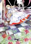 alice alice_in_wonderland blonde_hair blush card card_creature cards checkered dress flower long_hair lying playing_card 