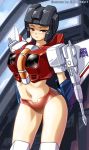  decepticon helmet jilpoong17 mecha_musume navel personification red_eyes genderswap science_fiction solo starscream thighhighs transformers 