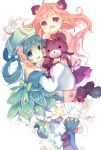  boots bow circus_girl_(madoka_magica) extra floral_print girl_with_bear_(madoka_magica) green_eyes green_hair hat kedama_milk looking_back mahou_shoujo_madoka_magica multiple_girls pink_hair print_legwear red_eyes skirt stuffed_animal stuffed_toy teddy_bear thigh-highs thighhighs tibetan_girl_(madoka_magica) 