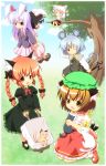  animal_ears back-to-back basket blazer bow braid brown_eyes brown_hair bunny_ears capelet cat cat_ears cat_tail chen chibi child dress earrings hair_bow hands_clasped hat holding_hands in_tree inaba_tewi interlocked_fingers inubashiri_momiji jewelry kaenbyou_rin long_hair mary_janes mouse mouse_ears mouse_tail multiple_girls multiple_tails nazrin necktie no_socks pendant pila-pela pleated_skirt pointy_ears red_eyes red_hair reisen_udongein_inaba shoes short_hair silver_hair sitting sitting_in_tree skirt tail touhou tree twin_braids twintails wheelbarrow white_hair wink wolf_ears 