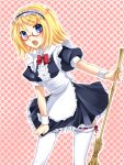  &gt;:o alternate_costume angry bespectacled blonde_hair blue_eyes blush broom enmaided frills garters glasses highres kagamine_rin maid maid_headdress open_mouth short_hair skirt skirt_pull solo thigh-highs thighhighs vocaloid white_legwear yayoi_(egoistic_realism) 