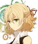  bad_id bare_shoulders blonde_hair face green_eyes mizuhashi_parsee pointy_ears portrait scarf short_hair short_ponytail solo touhou waiko 