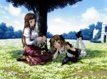  2girls brown_hair c'ecile cat chin_rest crown dress flower grass green_eyes head_wreath highres in_tree l'heure_bleue lise_(l'heure_bleue) long_hair lying mizutani_tooru multiple_girls nature on_stomach ribbon scenery sitting sitting_in_tree thighhighs tree twintails very_long_hair 