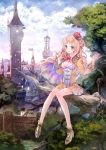  atelier_(series) atelier_meruru bare_legs braid breasts brown_hair city cleavage crown dress flag flower in_tree kishida_mel lights merurulince_rede_arls no_socks official_art ribbon sitting sitting_in_tree sky smile tower tree yellow_dress 