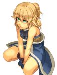  and bare_shoulders blonde_hair breasts cleavage face fang fingerless_gloves gloves green_eyes long_hair mizuhashi_parsee pointy_ears ponytail solo squatting touhou v_arms 