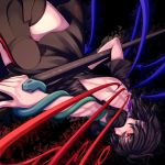  asymmetrical_wings back bare_back black_hair black_legwear dutch_angle foreshortening from_behind highres houjuu_nue looking_back polearm red_eyes short_hair snake symbol-shaped_pupils thighhighs touhou tro upside-down weapon wings zettai_ryouiki 