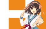  brown_eyes brown_hair itou_noiji pointing seifuku suzumiya_haruhi suzumiya_haruhi_no_yuutsu suzumiya_haruhi_no_yuuutsu 