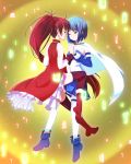  bare_shoulders blue_eyes blue_hair book cape detached_sleeves face-to-face face_to_face gloves glowing hand_holding holding_hands long_hair madoka_runes magical_girl mahou_shoujo_madoka_magica miki_sayaka multiple_girls ponytail red_eyes red_hair redhead sakura_kyouko short_hair thigh-highs thighhighs white_gloves yone zettai_ryouiki 