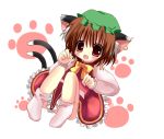  animal_ears blush brown_eyes brown_hair cat_ears cat_tail chen chibi dress ear_piercing hane. hat multiple_tails open_mouth piercing red_dress sitting solo tail touhou 