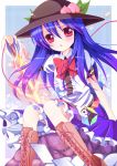  bad_id blue_hair blush boots bow cross-laced_footwear dress food fruit hat hinanawi_tenshi lace-up_boots long_hair nekosugiayana peach pink_eyes sitting solo sword sword_of_hisou touhou weapon 