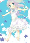  ano_hi_mita_hana_no_namae_wo_bokutachi_wa_mada_shiranai bare_legs barefoot blue_eyes blue_sky dress feet flower highres honma_meiko inui_atsu jumping open_mouth outstretched_arms silver_hair sky smile solo spread_arms umbrella white_dress 