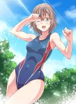  1girl brown_hair competition_swimsuit e20 glasses green_eyes one-piece_swimsuit original short_hair swimsuit wink 