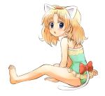  1girl :o bare_legs bare_shoulders barefoot bell blonde_hair blue_eyes blush casual_one-piece_swimsuit cat_ears cat_tail earrings feet highres jewel_pet_tinkle jewelpet_(series) jewelpet_tinkle jewelry kemonomimi_mode looking_back miria_marigold_mackenzie nyama one-piece_swimsuit ribbon short_hair simple_background sitting solo swimsuit tail 