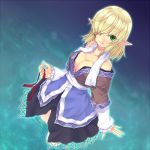 bare_shoulders blonde_hair breasts cleavage collarbone dutch_angle green_eyes hair_over_one_eye looking_at_viewer mizuhashi_parsee off_shoulder pointy_ears saemon saemon_(tonpura) scarf short_hair solo touhou undone undone_necktie wading water wet 