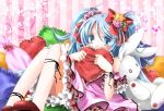  blue_hair bunny cushion dress flower hair_flower hair_ornament haruhi_ayame hatsune_miku pillow pillow_hug rabbit sitting stuffed_animal stuffed_toy vocaloid 