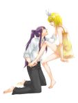  1girl age_difference barefoot bow couple dress feet foot_hold holding_another's_foot kagamine_rin kamui_gakupo lowres male vocaloid 