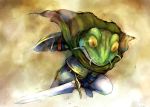  cape fantasy frog kaeru_(chrono_trigger) kara_(color) personification shield sword weapon yellow_eyes 