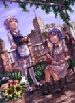  ankle_boots apple apple_peel bat_wings black_gloves blue_dress blue_hair boots braid cake chair cookie cup dappled_sunlight dress dutch_angle flower flower_pot food fruit garter_straps gloves grapes hat hat_removed headwear_removed highres holding holding_apple holding_fruit izayoi_sakuya knife kurione_(zassou) maid maid_headdress mansion multiple_girls peeling pink_dress pink_hair plant purple_hair red_eyes remilia_scarlet scarlet_devil_mansion shade short_hair silver_hair sitting standing sunflower table tea tea_set teacup teapot thigh-highs thighhighs tiered_tray touhou twin_braids white_legwear wings wrist_cuffs wristband 