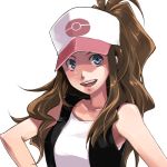  baseball_cap blue_eyes brown_hair hat long_hair pokemon pokemon_(game) pokemon_black_and_white pokemon_bw ponytail sakurai_muto simple_background smile solo touko_(pokemon) vest white_background 