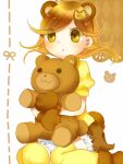  :&lt; animal_ears bear blonde_hair brown_hair extra girl_with_bear_(madoka_magica) gloves hair_ornament long_hair magical_girl mahou_shoujo_madoka_magica paw_gloves reina_(polypropylene) sitting solo spoilers stuffed_animal stuffed_toy teddy_bear thigh-highs thighhighs yellow_eyes 