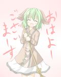  animal_ears bamboo_broom blush broom closed_eyes eyes_closed fang green_hair kasodani_kyouko open_mouth shino_megumi short_hair smile solo touhou translated translation_request 