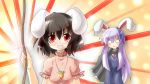  animal_ears blush brown_hair bunny_ears bust cape carrot dress inaba_tewi jewelry long_hair multiple_girls necklace necktie o_o pendant pink_dress purple_hair red_eyes reisen_udongein_inaba scarf short_hair smile sweatdrop sweater touhou yurume_atsushi 