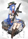  assault_rifle blue_eyes blue_hair boots food fruit gloves gun hat highres hinanawi_tenshi keystone long_hair michael-x peach rifle shimenawa sitting smile touhou very_long_hair weapon 