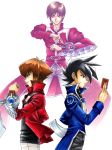  3boys black_hair blue_eyes brown_eyes brown_hair card cards duel_disk glasses hibiki_koyo holding_card long_coat long_hair manjoume_jun multicolored_hair multiple_boys obelisk_blue_uniform pile_of_cards school_uniform short_hair slifer_red_uniform smile urin_(ususio) yu-gi-oh! yuki_judai yuu-gi-ou yuu-gi-ou_(card) yuu-gi-ou_gx yuuki_juudai 