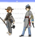  1girl american_civil_war background_text bag barefoot belt brown_hair confederate_states_of_america copyright_request ernest gun hat military military_uniform patches revolver sash sheath short_hair soldier sword uniform war weapon 