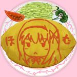  akemi_homura cabbage celery chiyami collaboration cucumber food homu ketchup mahou_shoujo_madoka_magica omurice plate pun tomato yuuki_akira 