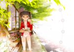  brown_hair camisole cherry_blossoms food glasses highres lingerie midriff no_pants onigiri open_clothes open_shirt original panties petals pink_panties red_eyes shirt shop sidewalk solo stairs surgical_mask track_jacket tree twintails two_side_up underwear vines 