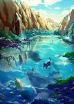  bad_id cat cloud copyright_request creature fish hime03 landscape leaf mountain no_humans original reflection ripple ripples ruins scenery sky water waterfall whale whale_shark 