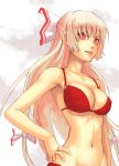  and bikini bow breasts cleavage curvy face fujiwara_no_mokou hair_bow hand_on_hip hands hips long_hair narrow_waist navel pink_eyes solo swimsuit touhou white_hair wide_hips 