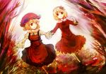  aki_minoriko aki_shizuha autumn blonde_hair chagu food fruit grapes hand_holding hat highres holding_hands leaf light_smile maple_leaf multiple_girls open_mouth red red_eyes running short_hair siblings sisters touhou 