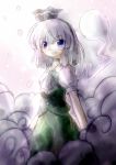  absurdres ascot blue_eyes blush bow cherry_blossoms cherry_petals choker cloud clouds dress ghost green_dress hair_bow hairband highres konpaku_youmu konpaku_youmu_(ghost) myon short_hair silver_hair sunlight touhou vest yurume_atsushi 