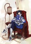  armor ascot birdcage black_hair blue_eyes bow cage copyright_request crossed_legs gauntlets high_heels legs_crossed pantyhose shoes short_hair sitting skirt solo v8 vertical-striped_legwear vertical_stripes 