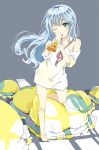  ahoge antenna_hair bare_legs bare_shoulders barefoot blue_eyes blue_hair blush bottomless bow denpa_onna_to_seishun_otoko eating food long_hair no_pants off_shoulder open_mouth pizza sleeves_pushed_up tot_(zhxto) touwa_erio ufo very_long_hair wink 