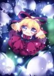  1girl :d arms_up blonde_hair blush bow bowtie chibi dated dress flower hair_bow hair_ribbon lily_of_the_valley looking_at_viewer medicine_melancholy mikazuki_sara minigirl open_mouth ribbon short_hair signature smile solo touhou violet_eyes 