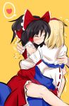  alice_margatroid black_hair blonde_hair ginmoku_poshi hakurei_reimu hug multiple_girls poshi_(ginmokusei) touhou yuri 