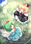  &gt;_&lt; 3girls :d ^_^ blurry blush bow chibi cirno closed_eyes daiyousei dated depth_of_field dress fairy_wings field grass hair_bow hair_ribbon head_out_of_frame laughing mikazuki_sara multiple_girls open_mouth outstretched_arms ribbon rumia side_ponytail signature skirt skirt_set smile touhou vest wings xd 