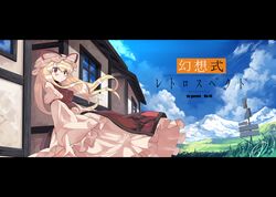  1girl blonde_hair dress garnet hat house landscape letterboxed long_hair mountain red_eyes solo touhou yakumo_yukari 