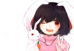  1girl animal_ears black_hair bust carrot dress hand_puppet highres inaba_tewi jewelry maccha_cocoa necklace open_mouth pink_dress puppet rabbit rabbit_ears red_eyes short_hair smile solo touhou turtleneck v wink 